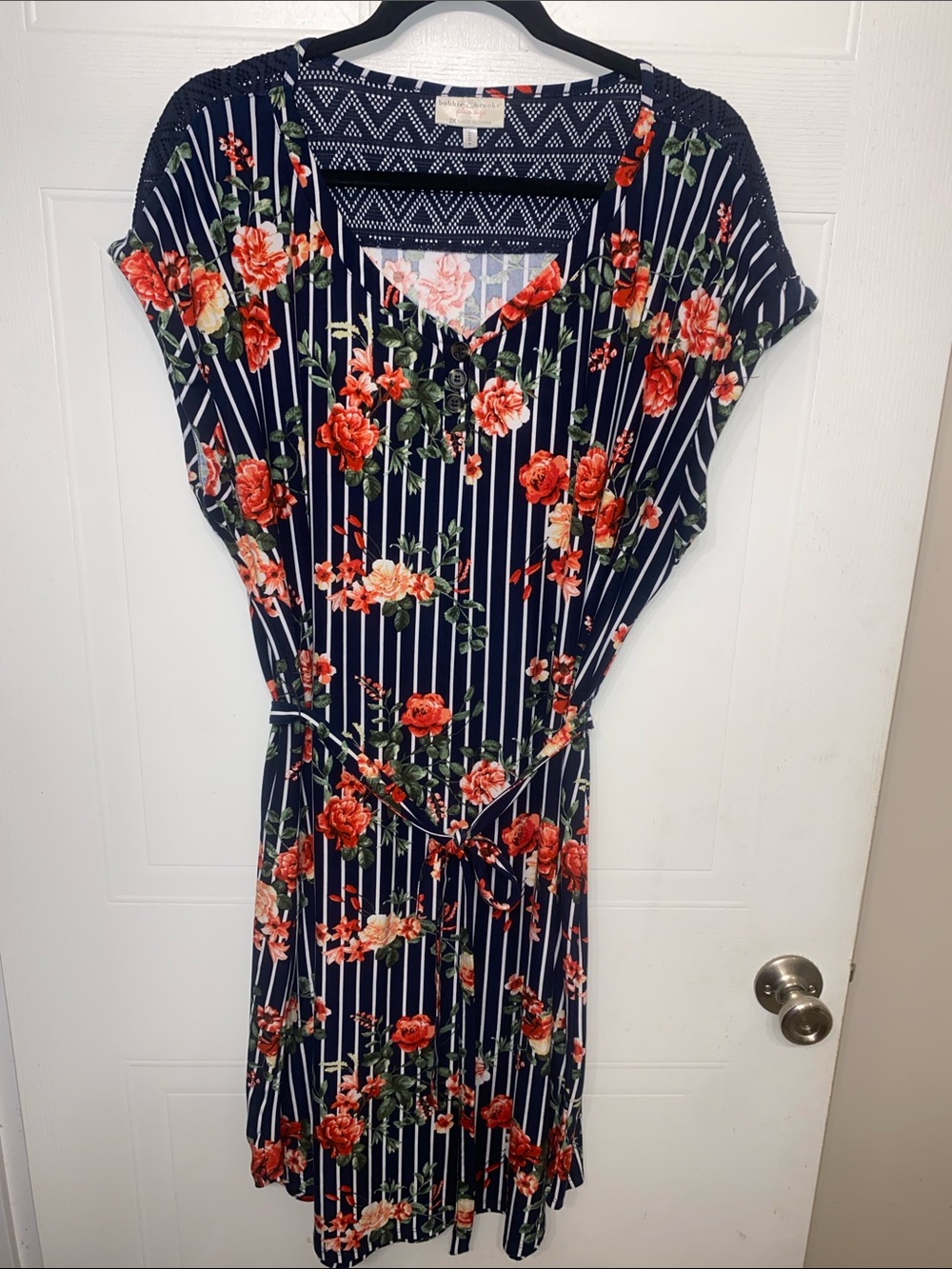 Floral Stripe V-Neck Belted Women’s Dress - Navy with Red Floral